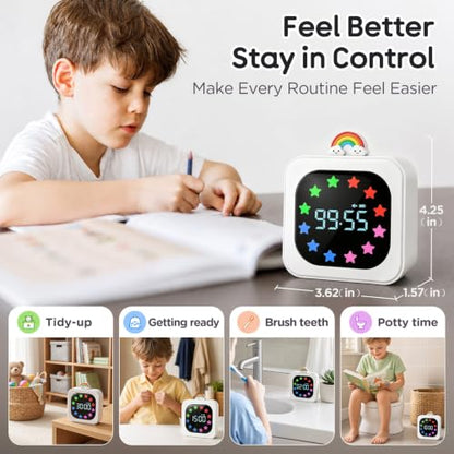 Digital Visual Timer for Kids, Rechargeable 99-Minute Countdown with 12-Star Rainbow LED Display, 9 Color Modes, Silent Mode & Pause, Timer for Classroom, Home & Kitchen - color: White