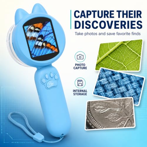 Kids Digital Microscope, 2-Inch Screen, 4X Zoom, 8 LEDs, Blue - color: Blue