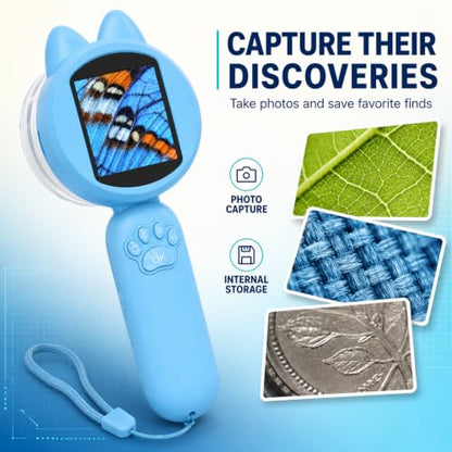 Kids Digital Microscope, 2-Inch Screen, 4X Zoom, 8 LEDs, Blue - color: Blue