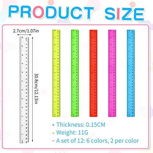Color Ruler Bulk Kids Plastic Rulers, 12 Pack