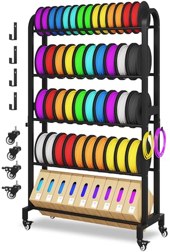 3D Printer Filament Storage Rack with Wheels, 5-Tier Adjustable Metal Shelf Holds 40 Spools, Mobile Filament Organizer with Hooks for PLA ABS TPU, 3D Printing Workspace & Studio - color: Black - 5-tier, size: Large
