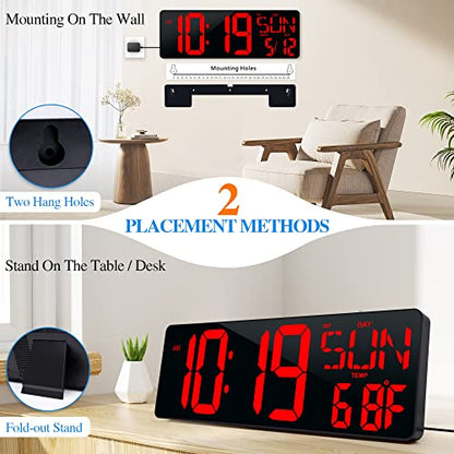 17.2"Large Digital Wall Clock Large Display with Remote Control 180°Visible - color: Red