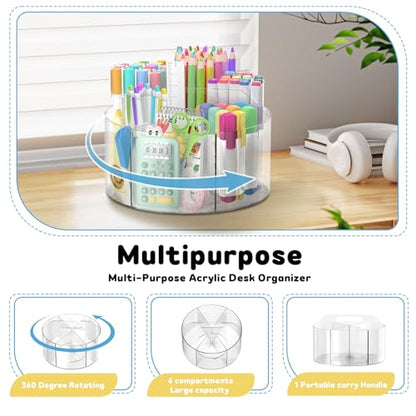 SUPEASY Acrylic Rotating Pencil Holder, 360° Clear Marker Organizer