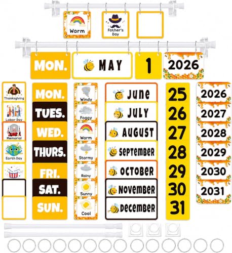 96 Cards Classroom Bulletin Board Decorations Set for Teachers,Flip Calendar with Holder for Classroom,Adjustable Calendar,Preschool Elementary Home Decor Supplies（Bee） - style: Bee