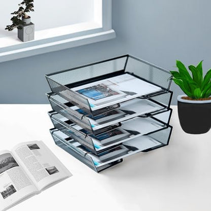 SETTFRFE 4 Tier Metal Letter Tray Desk Organizer-Stackable Paper Tray,Black