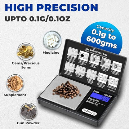 American Weigh Scales Digital Pocket Scale 600g x 0.1g with LCD Display Gram, Ounce, Carat, Grain for Coins, Jewellery, Gemstones, Metals, Kitchen, Food & Medicines – Black - color: Black, size: 600g x 0.1g