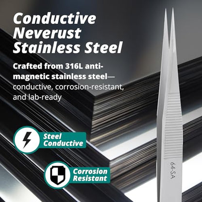 Excelta 64-SA Precision Tweezers, Straight Fine Tip, 4.75" Anti-Magnetic 316L Neverust Stainless Steel, Serrated Handle, ESD-Safe, Swiss-Made Tool for Electronics, Lab Use, Cleanroom & Forensics - size: 4.75" Tweezer, Straight Very Fine Points, style: Ant