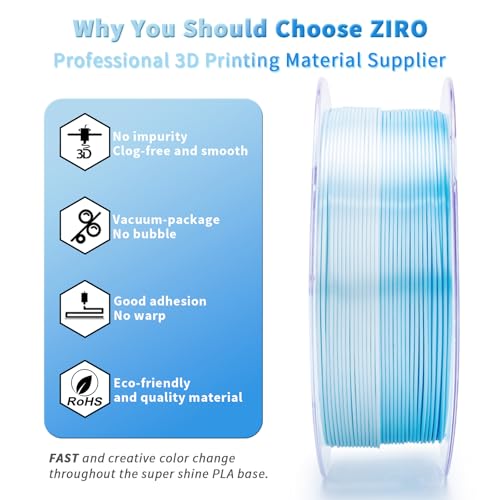 ZIRO Fast Gradient PLA, Sillk Multi Color 3D Printer Filament 1kg, Ice Blue - color: Ice Blue (Silky)