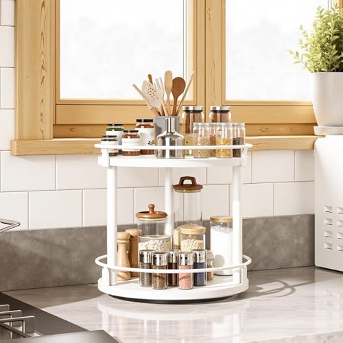 YATINEY Lazy Susan Organizer, Rotating Spice Rack, 2 Tier Spice Turntable Organizer, Industrial Turntable Spice Holder, for Kitchen Countertop, Compact and Versatile, White SR22WW - color: White, size: 10.2"L x 10.2"W x 11"H