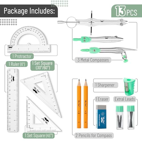 Mr. Pen- Geometry Set, 13 pcs, 3 Metal Compasses, Protractor, 6" Ruler | 45° & 30°/60° Set Squares, Pencils, Lead Refills, Sharpener & Eraser for Math, Drafting & Classroom Use - color: Mint Green