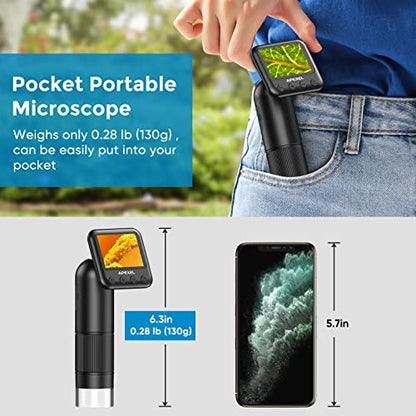 APEXEL 800X Handheld Digital Microscope with 2” LCD Screen, Pocket Portable Microscope with Adjustable LED Lights, Coins Microscopes Magnifier Camera, USB to PC (SD Card Not Included)