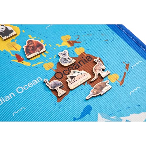 Montessori Continents Playmat with Matching Wooden Cards, World Map Matching Game for Kids 4-8 Years Old, Educational Play Mat, Geography Learning Activity Toy with 41 Animals & Landmarks