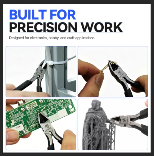 5-Inch Diagonal Cutters, CR-V Precision Wire Cutters with Spring-Loaded Slim Angled Head, Mini Side Cutting Pliers for Electronics, PCB Leads, Zip Ties, Plastic Sprues and 3D-Printed Parts