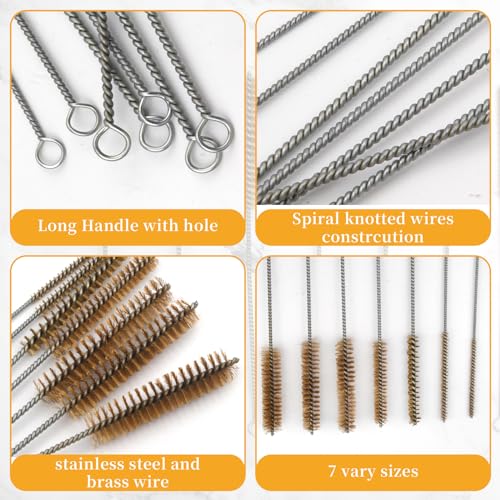 Tube Brush Kit 7pcs Brass Wire Tube Brushes Stainless Steel Bottle Brush Long Handle 11'' Wire Brushes for Cleaning Wire Pipe Tube Cleaner - 6mm/8mm/10mm/12mm/15mm/20mm/22mm