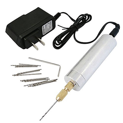 Yakamoz 0.7-1.2mm Mini Micro Electric Aluminum Hand Portable Handheld Drill with 15pcs Drill Bits, 2A Power Supply Included