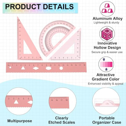 PATIKIL Geometry Set 2Pcs 7" Aluminum Ruler & 4 Triangles, Metal Protractor - color: Gradient Pink, size: 7 Inch