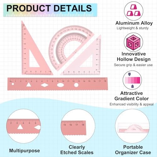 PATIKIL Geometry Set, 7" Aluminum Ruler & 2 Triangles, Metal Protractor - color: Gradient Pink, size: 7 Inch