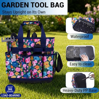 MELOTOUGH 12-Pocket Garden Tool Bag with Hard Bottom, Gardening Tote, Blue - color: Blue Flower