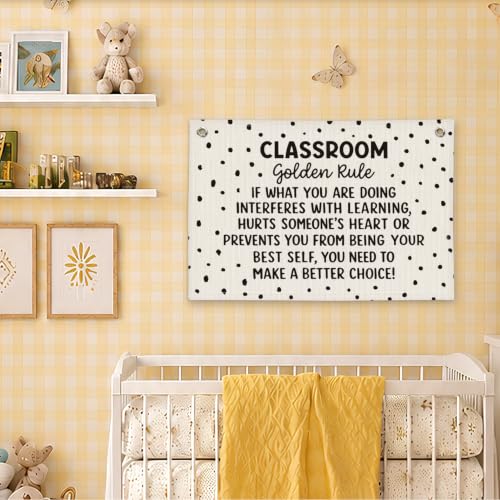 Black and White Classroom Golden Rule Decor Wall Hanging Banner - color: 02-Classroom Golden Rule - Black Polka Dot