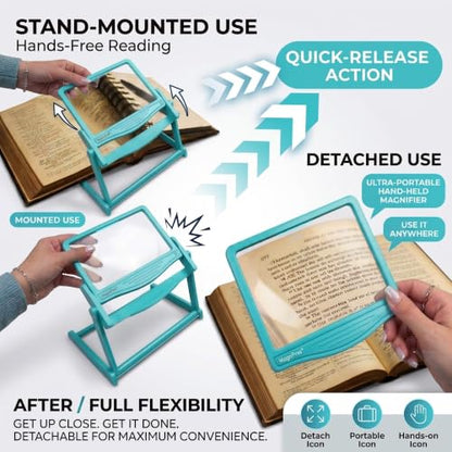 MAGNIPROS 5X LED Page Magnifying Glass, Detachable Stand, 3 Color Modes - color: Aqua