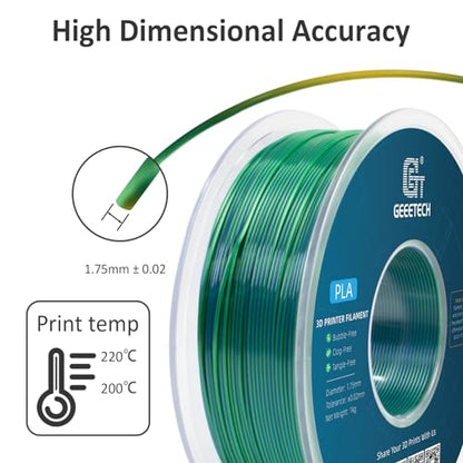 Geeetech 3D Printer Silk PLA Dual Color Filament, Metal-Like Shiny Silk Filament 1.75mm 1kg (2.2lbs) Spool, Dimensional Accuracy +/- 0.02 mm, Silk Blue Green - color: 1kg Dual Color Blue-green