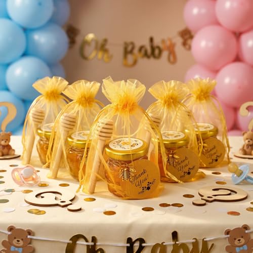 IIKUM 20 Pack Glass Honey Jars, 1.5 oz Hexagon Honey Pots with Lids, Wooden Dippers, Bee Pendants, Gift Bags, Thank You Cards, Jutes and Stickers-Ideal Gift for Baby Shower, Wedding and Party Favors