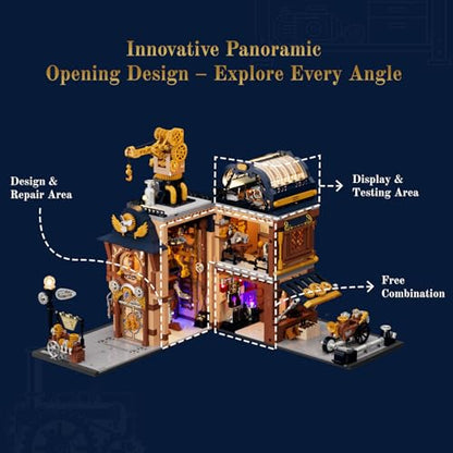 Lumibricks Steampunk Mechanical Workshop Lighting Building-Bricks Set, 2006 Pcs The Sky-Lane Repair Shop Modular Building from Aeronauts Collection Display Set for Adults and Steampunk Lovers