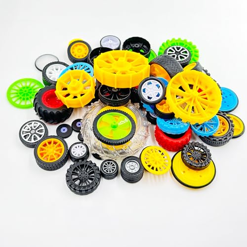56PCS Toy Car Wheel Toy Car Platic and Rubber Tire Wheel with Metal Shaft Axles for RC Car Truck Robot DIY Model Toy Building Parts (Style 1)