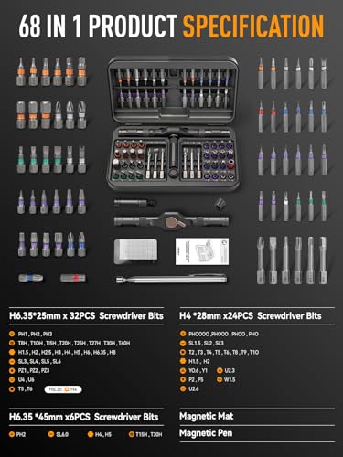 KELIN 68 IN 1 Magnetic Ratchet Screwdriver Set with Detachable T Handle - color: Grey, size: 68 PCS