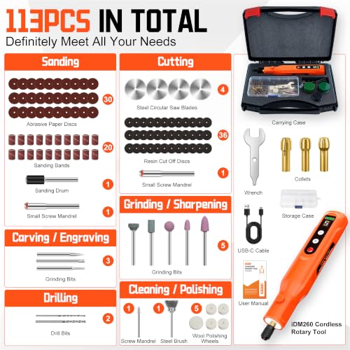 Cordless Rotary Tool Kit 113 Pcs, 5-Speed for 3D Printer Sanding