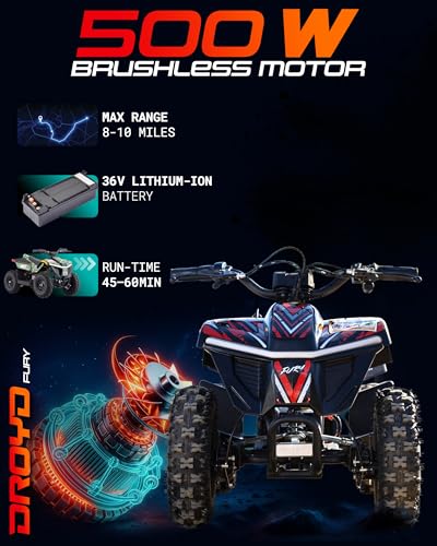 Droyd Electric ATV Fury, 36V Kids Quad Bike with 500W Brushless Powerful Motor, 8-10 Miles Long Range Electric 4 Wheeler with Throttle Controlled Dual Suspension for Boys Girls Ages 6+ (Red) - color: Red