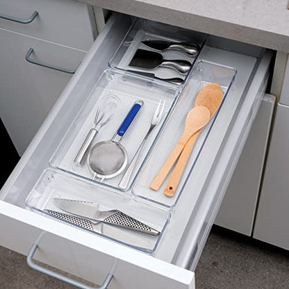 Oggi Set of 3 Clear Drawer Organizers - (1) 6x6.25, (1) 6.25x9.25, (1) 6.25x15.75 - Ideal for Organizing Kitchen Drawers, Office, Desk, Silverware, Kitchen Utensils, Cosmetics and Bathrooms - size: Set of 3