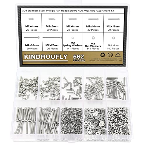 562 Pieces M2 x 4/6 /8/10 /12/16 /20mm Phillips Pan Head Machine Screws Nuts Washers Assortment Kit, 304 Stainless Steel, Fully Machine Thread - size: M2