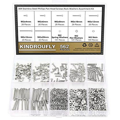 562 Pieces M2 x 4/6 /8/10 /12/16 /20mm Phillips Pan Head Machine Screws Nuts Washers Assortment Kit, 304 Stainless Steel, Fully Machine Thread - size: M2