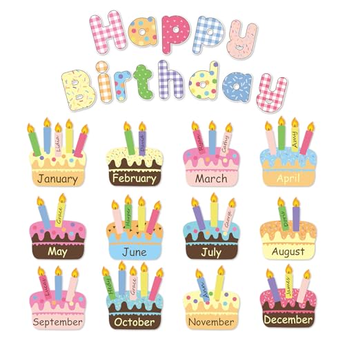 FYSUIMU 67 Pcs Happy Birthday Bulletin Board Decoration Set Birthday Cake Cutouts Back to School Paper Cutting with Glue Points for First Day of School Party Classroom Wall Calendar