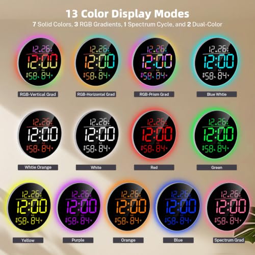 10" Round Digital Wall Clock for Bedroom, 13-Color RGB Model Large LED Display Electric Clocks with Remote for Classroom Home Office Living Room Garage Gym (Adapter Included) - color: Rgb