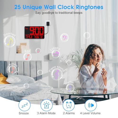 13" Bluetooth Auto Sync Wall Clock - Large Digital Alarm Clock with Remote - style: Red Numbers
