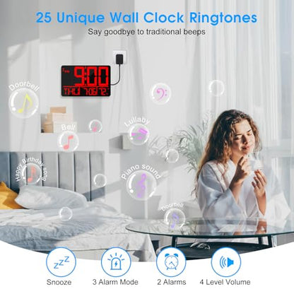 13" Bluetooth Auto Sync Wall Clock - Large Digital Alarm Clock with Remote - style: Red Numbers