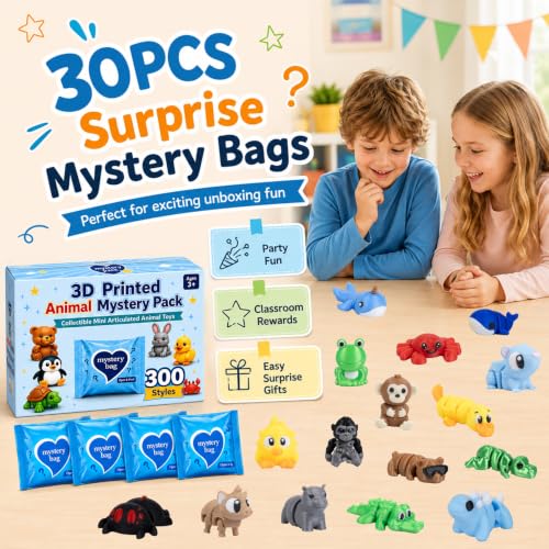30PCS 3D Printed Animals Blind Bags, Mystery Pack Mini Animal Toys from 300 Styles, Flexible Articulated Fidget Desk Toys for Kids Party Favors Classroom Prizes Goodie Bags Birthday Gifts - color: Yellow