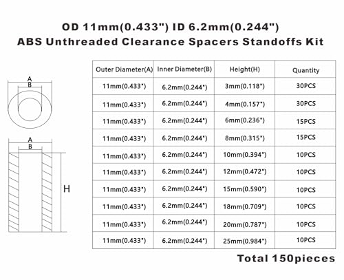 OD 11mm ID 6.2mm Black ABS Unthreaded Round Spacers for M6 Screw Kit - size: OD 11mm ID 6.2mm