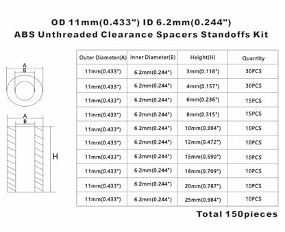 OD 11mm ID 6.2mm Black ABS Unthreaded Round Spacers for M6 Screw Kit - size: OD 11mm ID 6.2mm