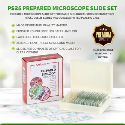 AmScope PS25P Prepared Microscope Slides, Plastic Case, 25pc - color: White