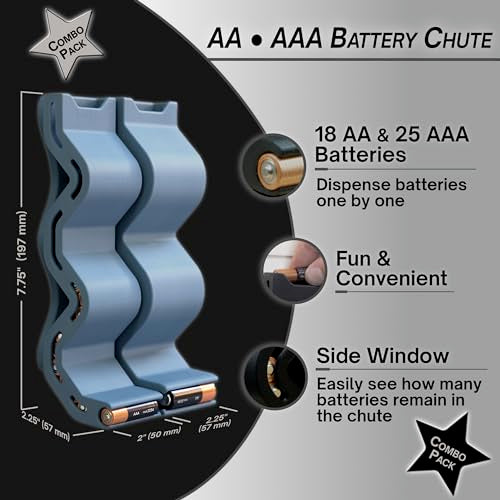 AA & AAA Battery Chute Combo, Wall-Mounted Battery Organizer & Dispenser – No-Jam FIFO Design, Holds 18 AA & 25 AAA Batteries – Blue - color: Blue