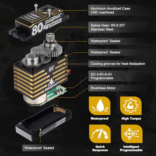 HobbyPark Waterproof 80kg Servos Brushless Motor High Torque RC Steering Servo Fast Speed Standard HV Stainless Steel Metal Gears for 1/8 1/10 RC Crawler Cars Truck Buggy 180° Programmable