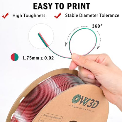OVV3D PLA Filament 1.75mm Dual-Colors, Christmas Red Green Silk PLA Filament,3D Printer Filament Rainbow PLA Filament, 3D Printing Filament +/-0.02mm, 1kg/2.2lbs - color: Dual-color Christmas Red Green
