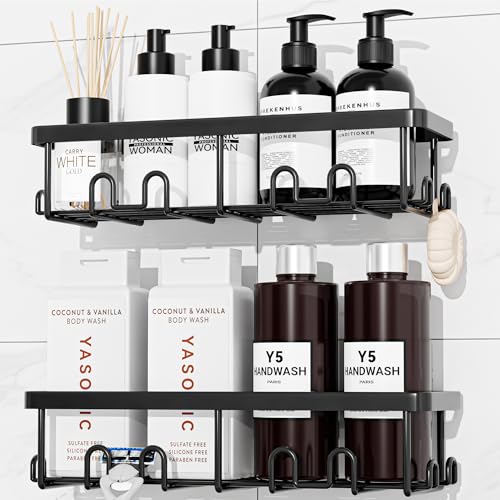 YASONIC Shower Caddy Adhesive, Rustproof Shower Organizer, Wall Shower Rack - color: Black