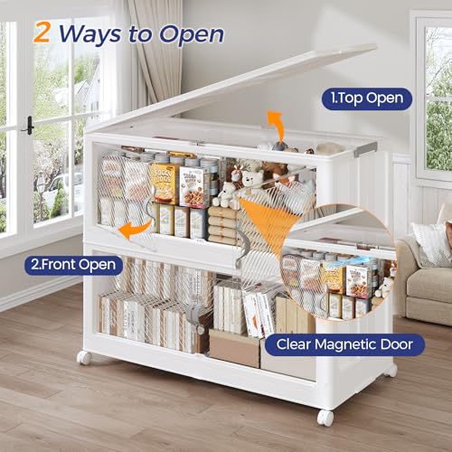 180QT Extra Large Stackable Storage Bins with Lid, 45Gal Plastic Closet Organizers and Storage Drawer, Collapsible Cabinet Box with Wheels Clear Doors for Home Kitchen Office, 3Pack White - size: 60QT