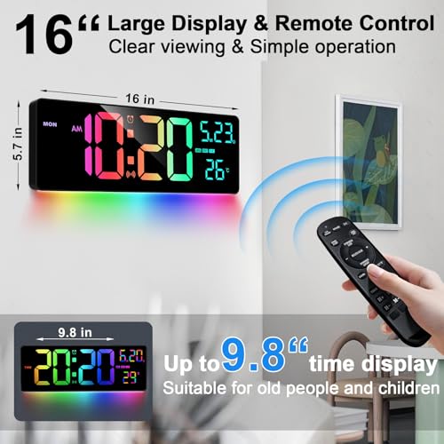 16" Bluetooth Digital Wall Clock - Auto Time Sync, 10 RGB Colors - color: Rgb