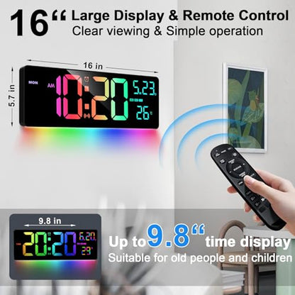 16" Bluetooth Digital Wall Clock - Auto Time Sync, 10 RGB Colors - color: Rgb