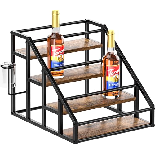 Coffee Syrup Rack Organizer, Spice Racks, Syrup Bottle Holder Stand for Coffee Bar, 4-Tier 16 Bottles Storage Shelves for Syrup, Wine, Dressing for Kitchen Countertop, Rustic Brown & Black - color: Rustic Brown, size: 4-Tier (16 Bottles)